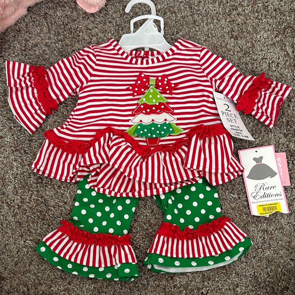 Rare Editions Red and White Striped Top with Green Polka Dot Pants